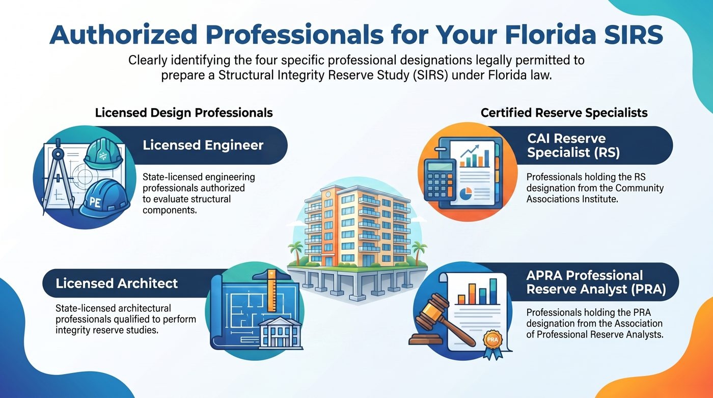The four professionals who can prepare a Florida SIRS: licensed engineer, licensed architect, CAI Reserve Specialist (RS), and APRA Professional Reserve Analyst (PRA).