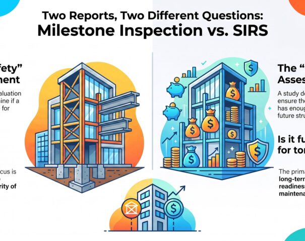 Infographic of the SIRS and milestone inspection side by side: a milestone inspection asks whether the building is structurally safe today, while a SIRS asks whether the association is funded for tomorrow