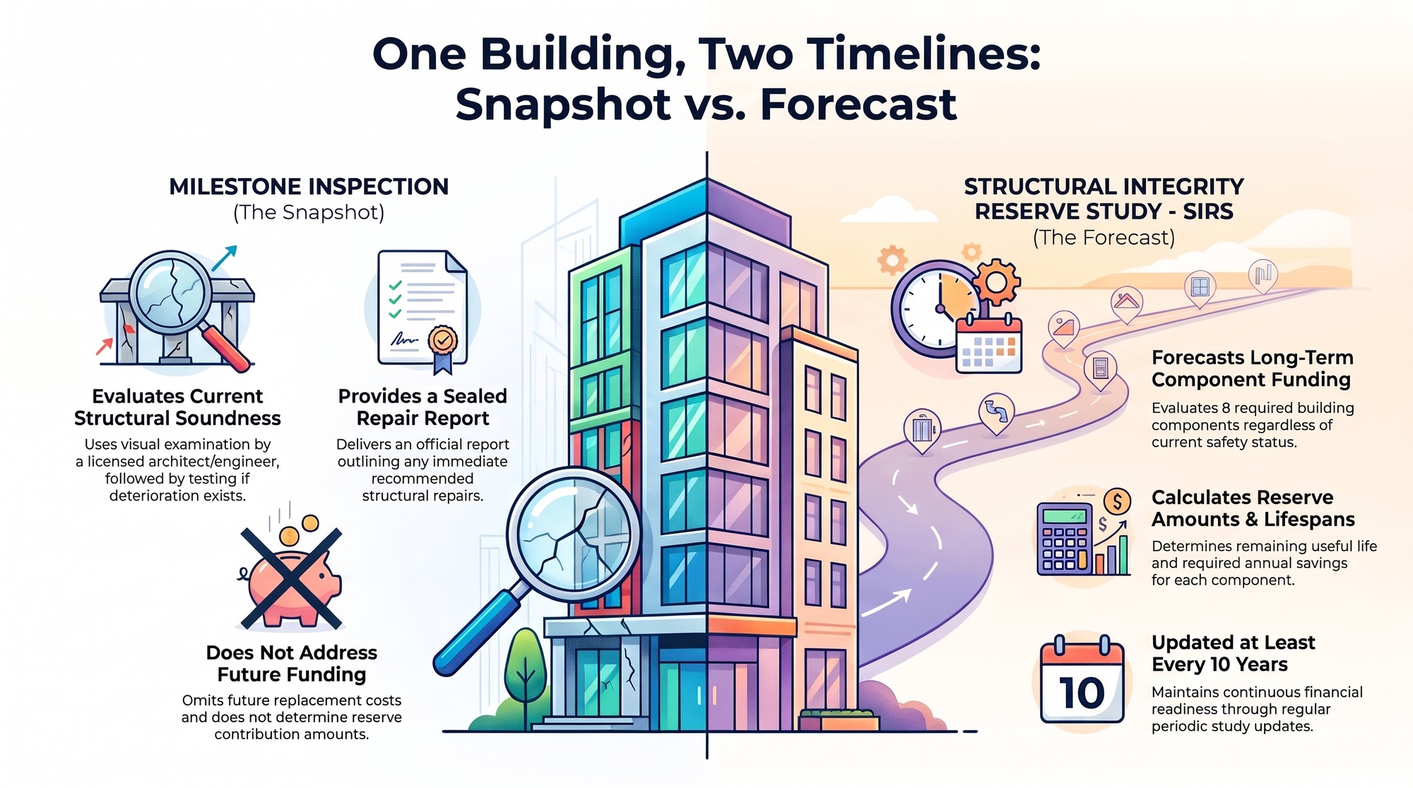 Diagram showing a milestone inspection as a snapshot of structural condition today and a SIRS as a multi-year reserve funding forecast of eight required components, updated at least every 10 years