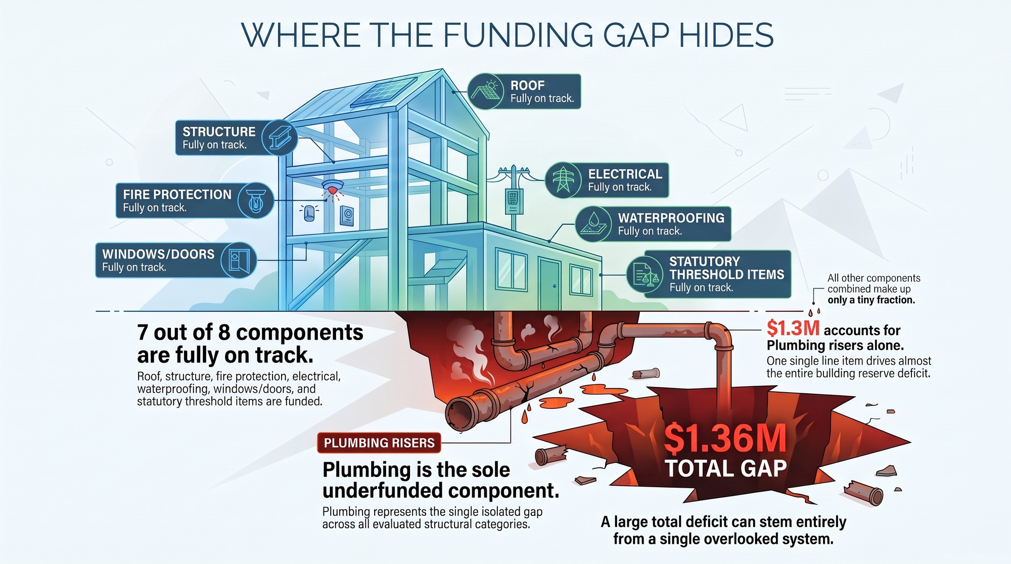Chart of the eight SIRS components in an example building, with seven on track and plumbing risers accounting for about $1.3 million of a $1.36 million funding gap