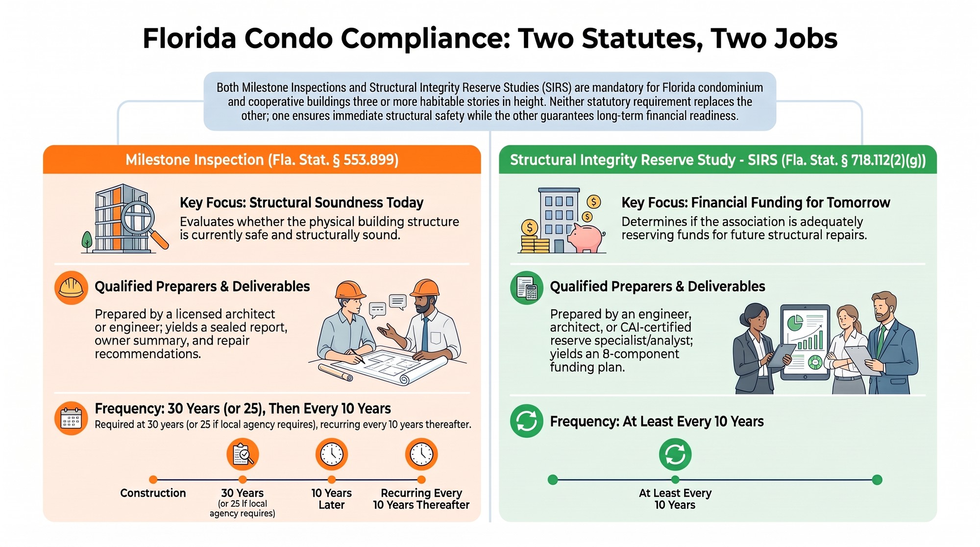 Side-by-side comparison of Florida Statute 553.899 for milestone inspections and Florida Statute 718.112(2)(g) for the SIRS, covering the focus, who prepares each report and how often it is required