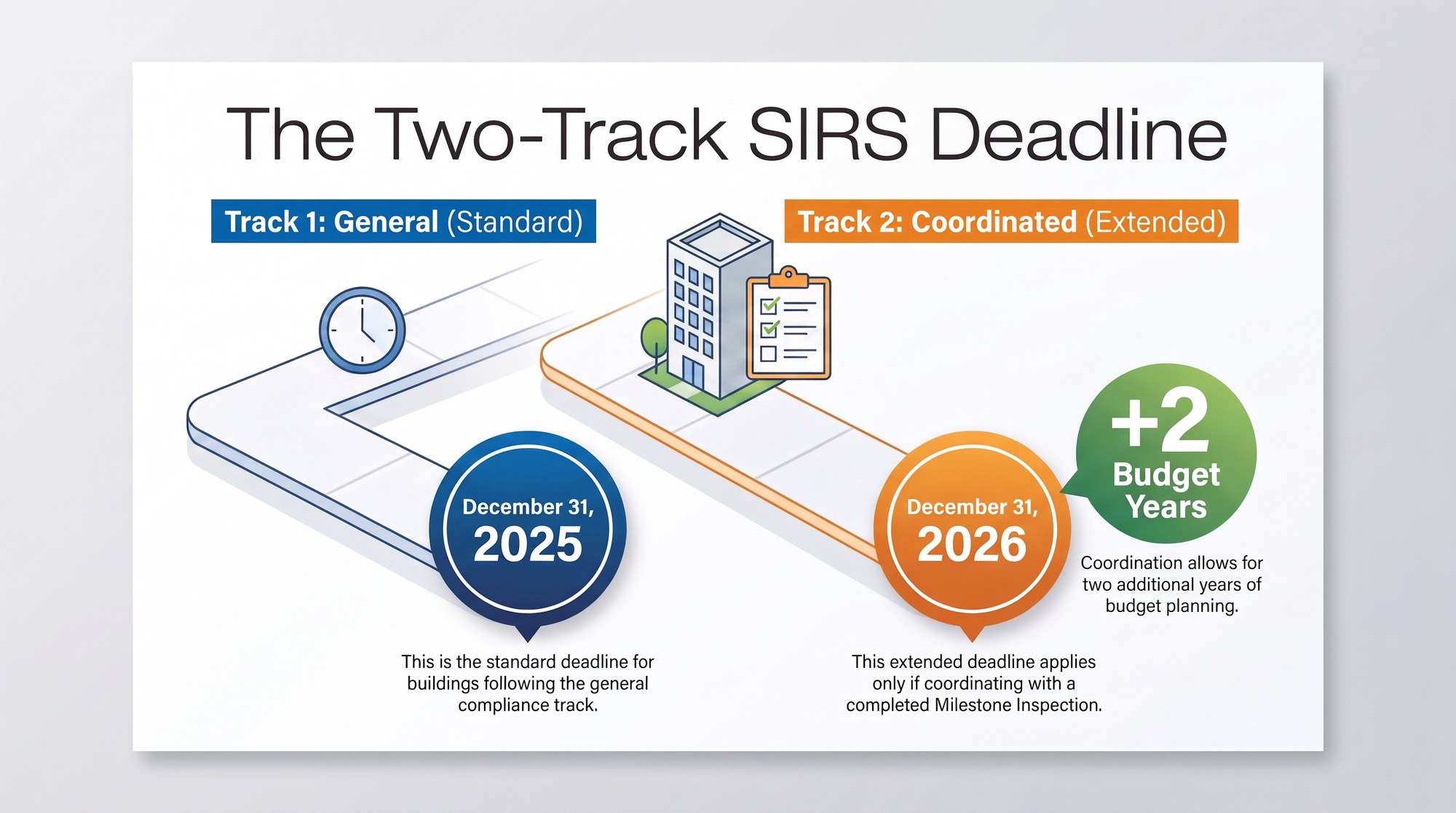 Graphic of the two-track SIRS deadline: the general deadline of December 31, 2025 and the coordinated milestone inspection track ending December 31, 2026
