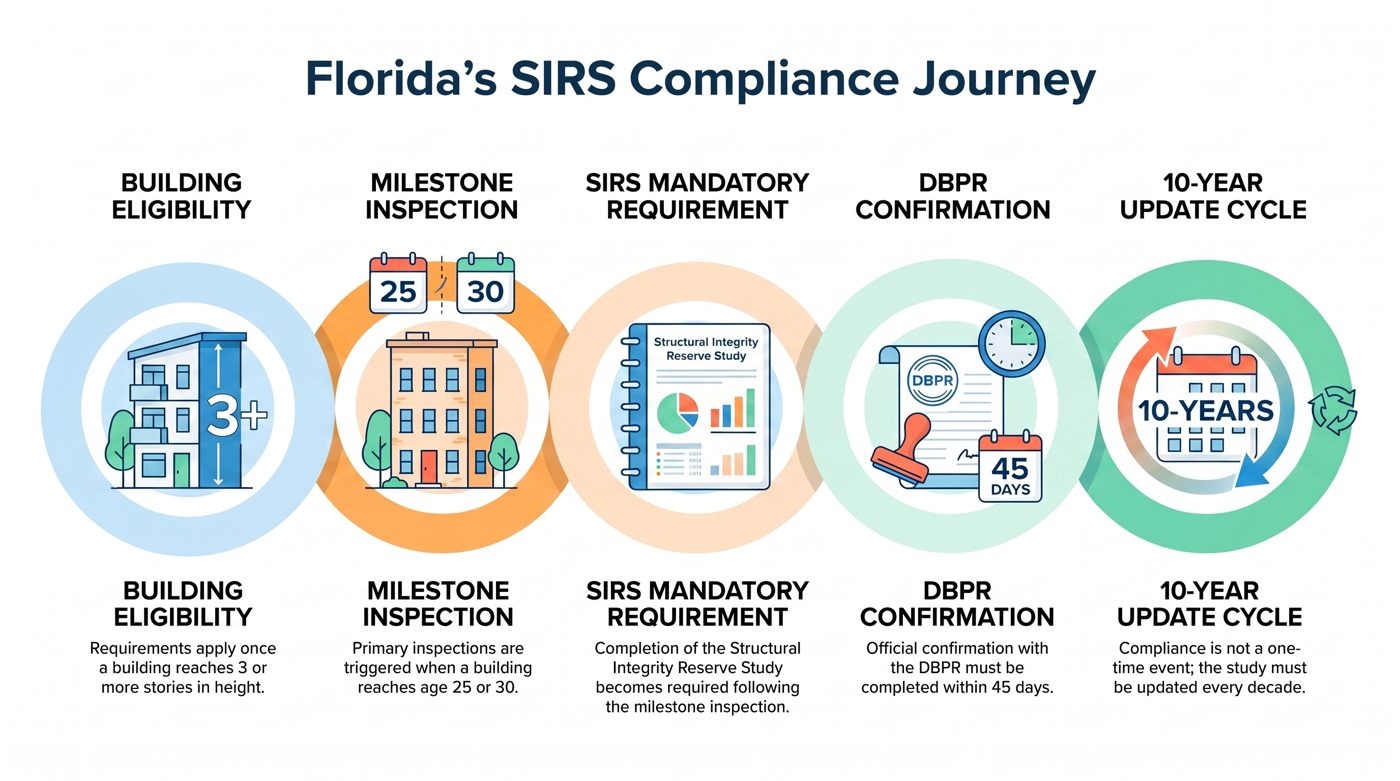 Five-step timeline of Florida's SIRS compliance journey: building eligibility at three stories, milestone inspection, SIRS requirement, DBPR confirmation within 45 days, and a 10-year update cycle.