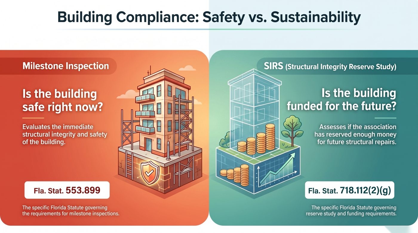 Side-by-side graphic: a milestone inspection asks whether the building is safe right now (Fla. Stat. 553.899); a SIRS asks whether it is funded for the future (Fla. Stat. 718.112(2)(g)).