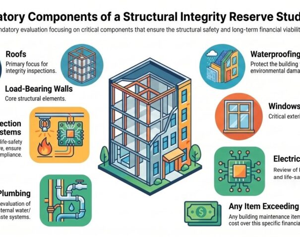 Illustrated diagram of the eight components a Florida SIRS must cover: roof, load-bearing walls, fire protection, plumbing, electrical, waterproofing and painting, windows and doors, and any other qualifying item for SIRS Report