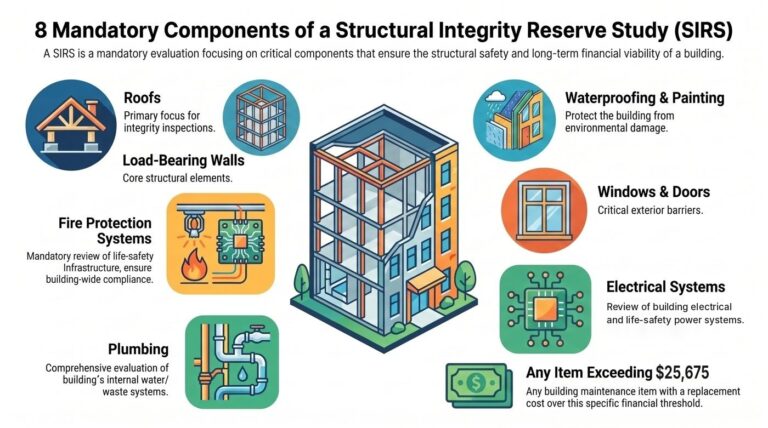 Illustrated diagram of the eight components a Florida SIRS must cover: roof, load-bearing walls, fire protection, plumbing, electrical, waterproofing and painting, windows and doors, and any other qualifying item for SIRS Report