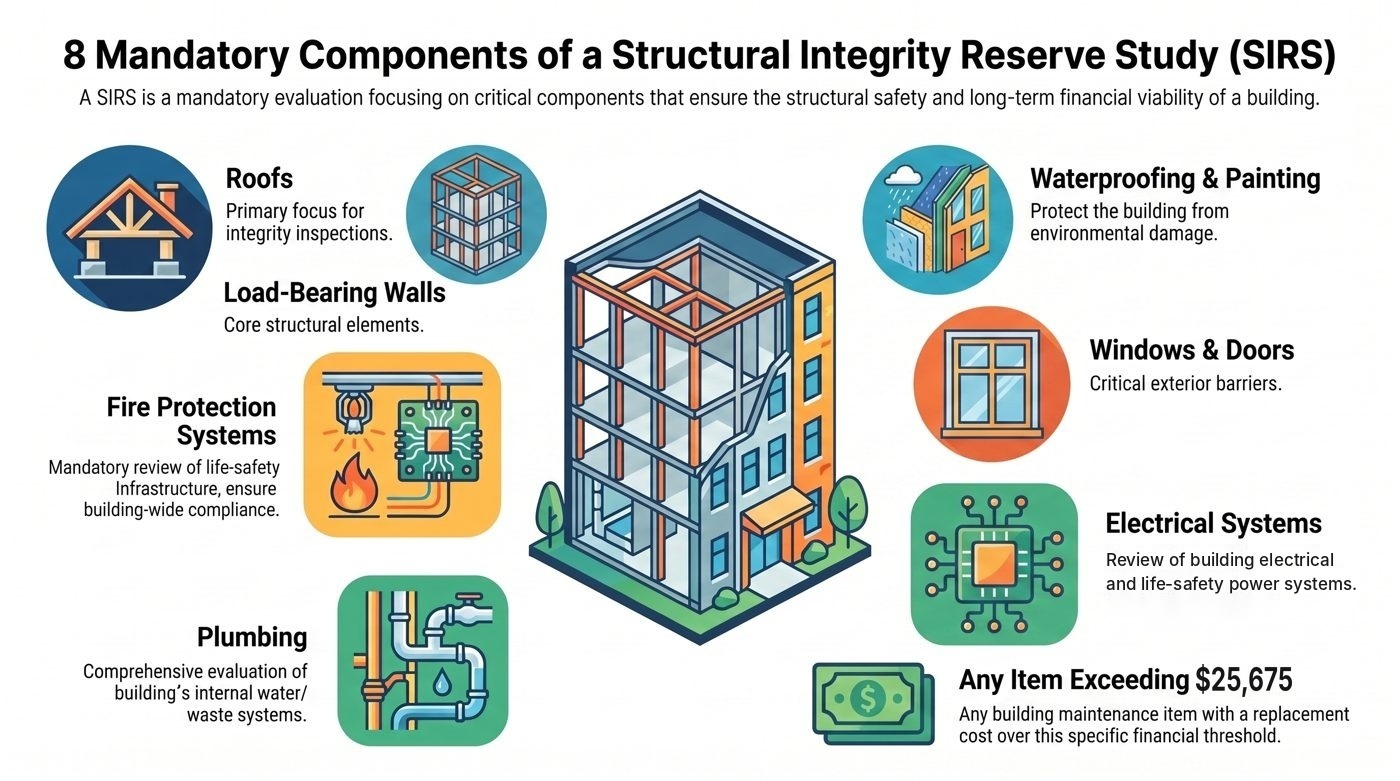 Illustrated diagram of the eight components a Florida SIRS must cover: roof, load-bearing walls, fire protection, plumbing, electrical, waterproofing and painting, windows and doors, and any other qualifying item.