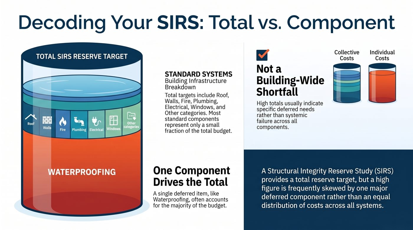 Cylinder graphic of a total SIRS reserve target in which one deferred component, waterproofing, makes up most of the total, showing a high number is not a building-wide shortfall.